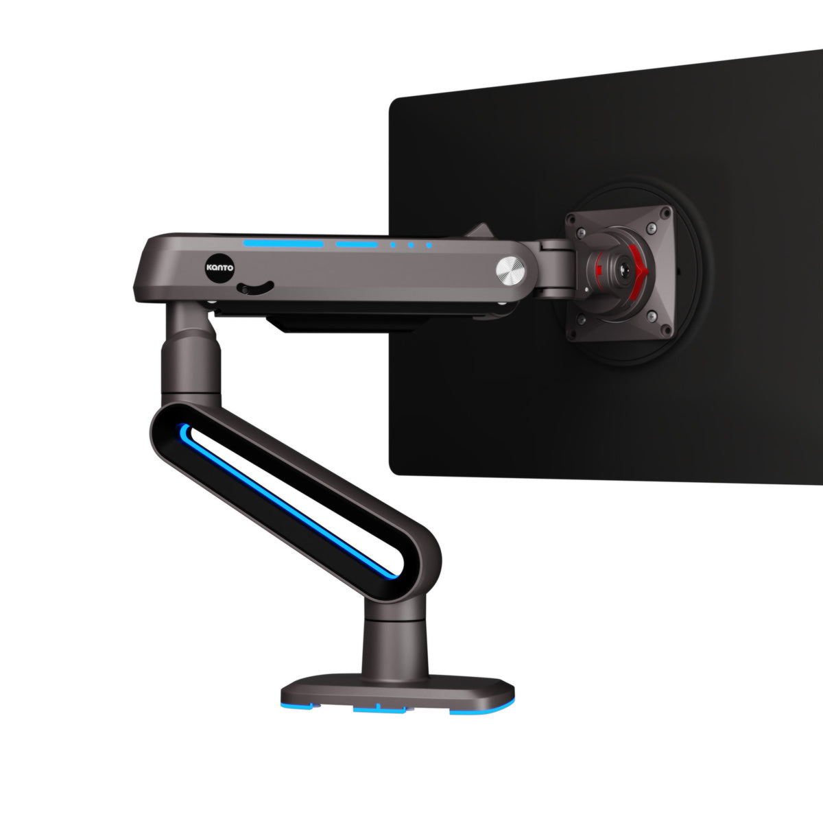 Monitor arm attached to a black monitor on a white background