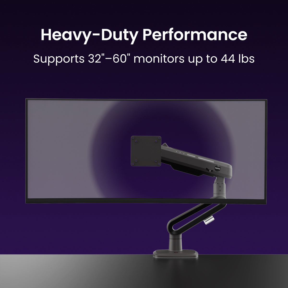 Monitor stand with arm on a dark background, highlighting heavy-duty performance.