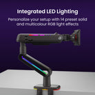 Monitor arm with integrated LED lighting on a dark background
