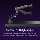 Adjustable monitor arm with text on a dark background