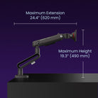 Black adjustable monitor arm with measurements on a dark background
