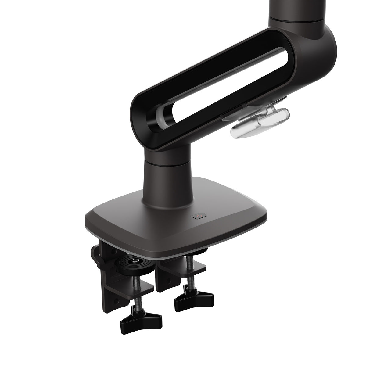 Black adjustable monitor stand on a white background