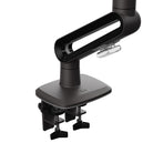 Black adjustable monitor stand on a white background