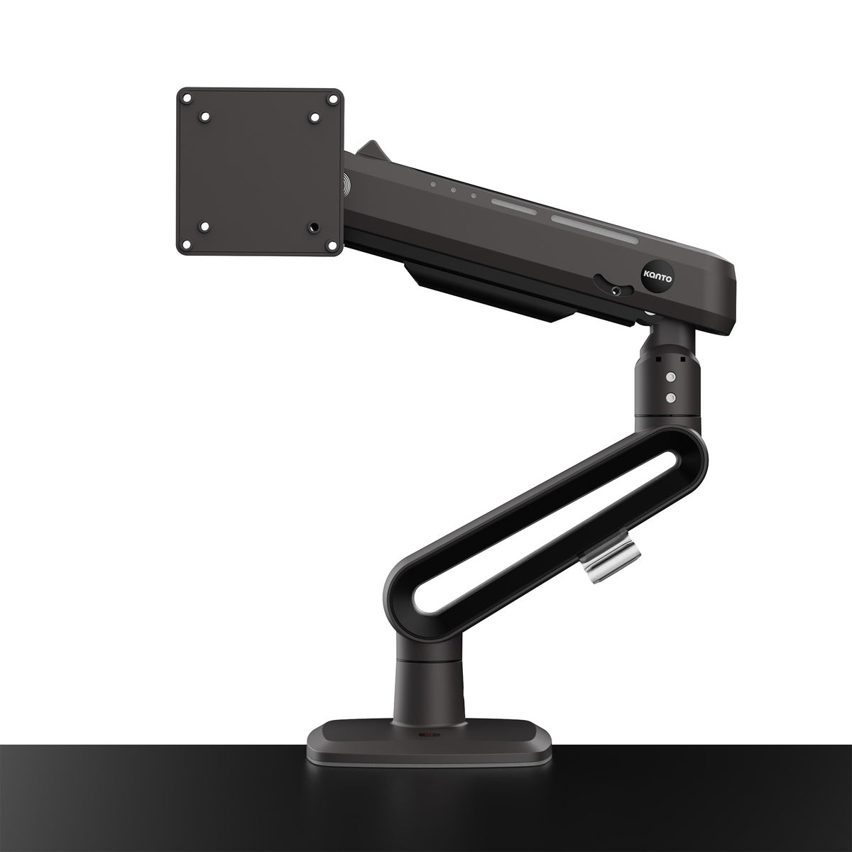 Black adjustable monitor stand on a white background