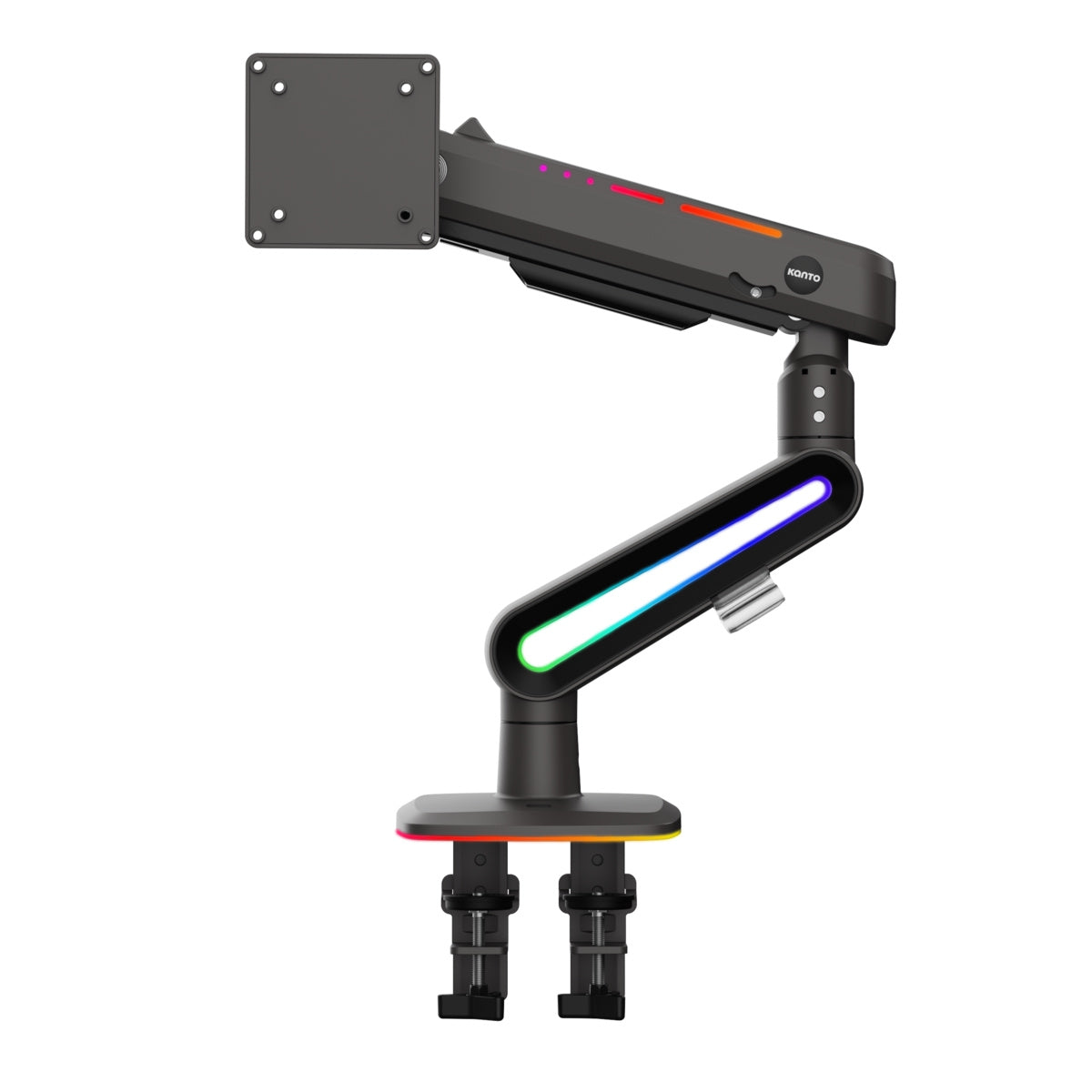 Black adjustable monitor stand with RGB lighting on a white background