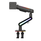 Black adjustable monitor stand with RGB lighting on a white background