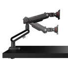 Black adjustable monitor arm on a white background