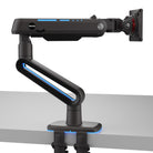 Black monitor arm with blue LED lights on a white background