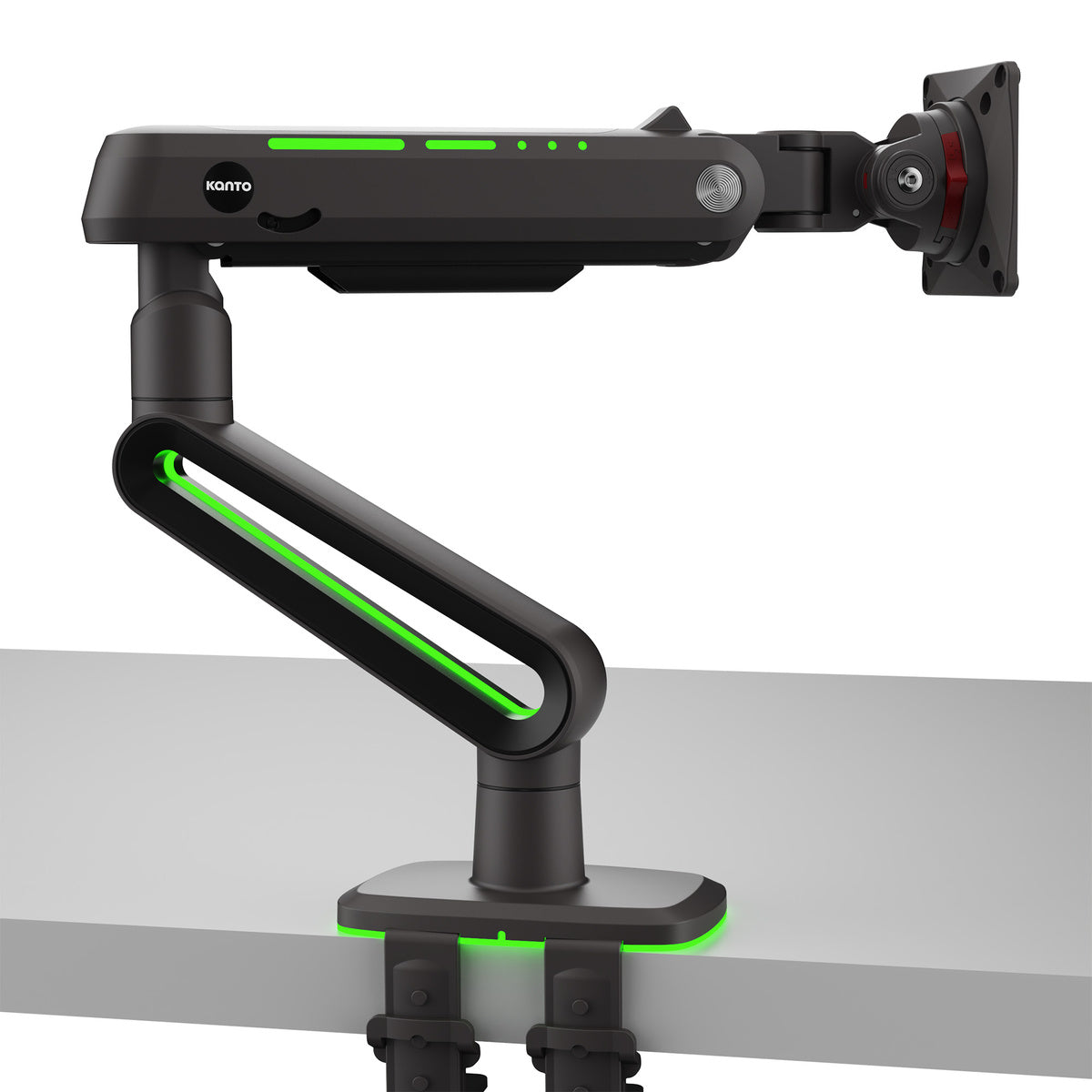 Monitor arm with green accents on a white background