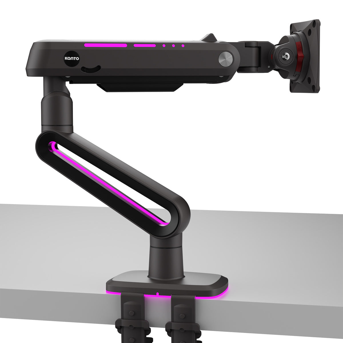 Black monitor arm with pink LED lights on a white background