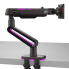 Black monitor arm with pink LED lights on a white background