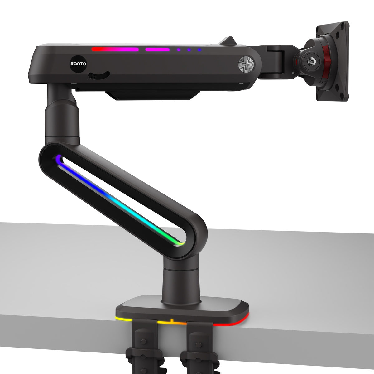 Black monitor arm with RGB lighting on a white background