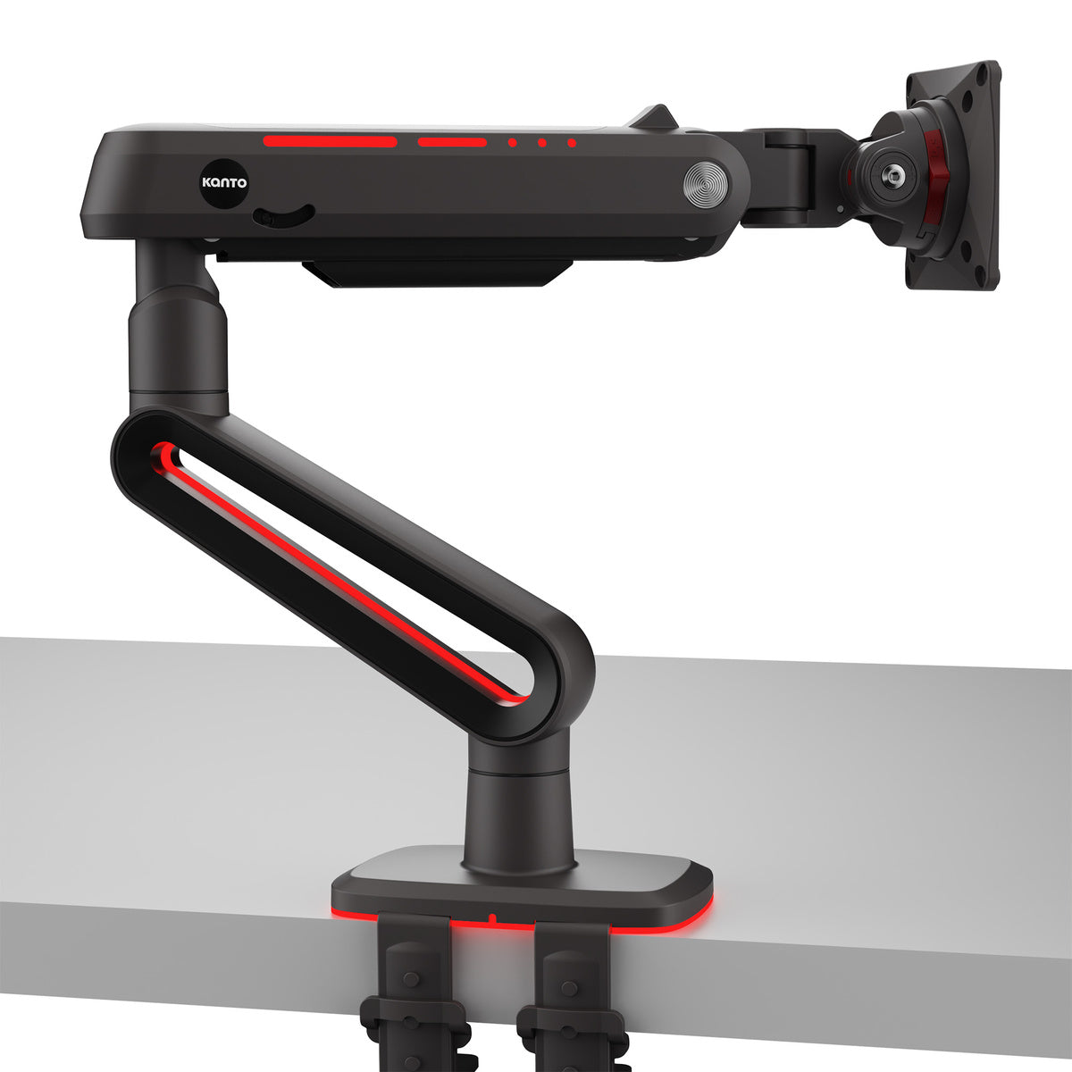 Black monitor arm with red accents on a white background