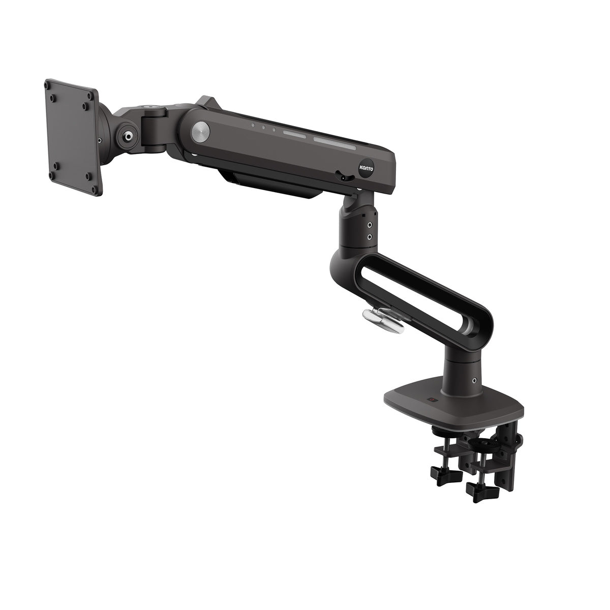 Black adjustable monitor arm on a white background
