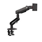 Black adjustable monitor stand on a white background