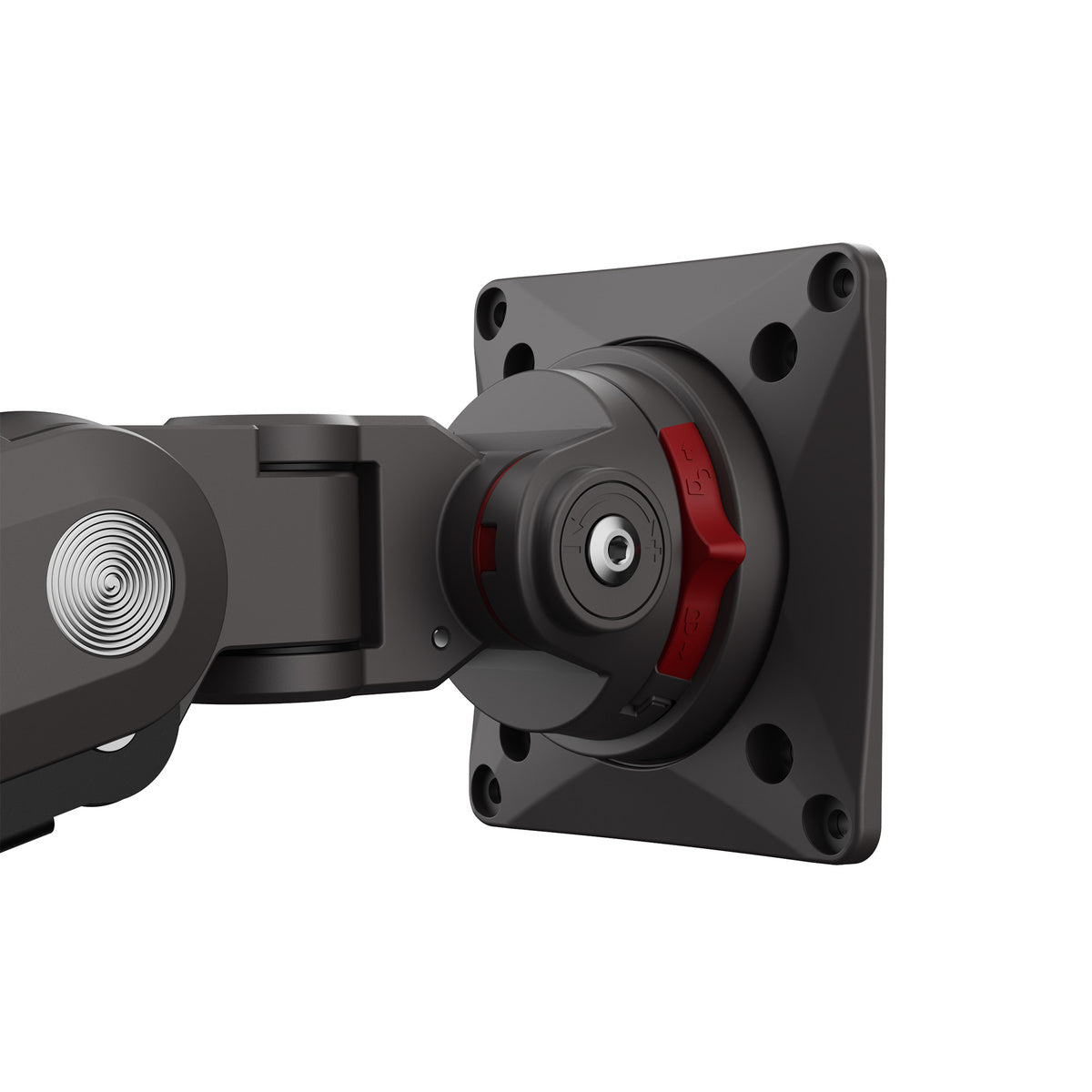 Black monitor arm with red accents on a white background