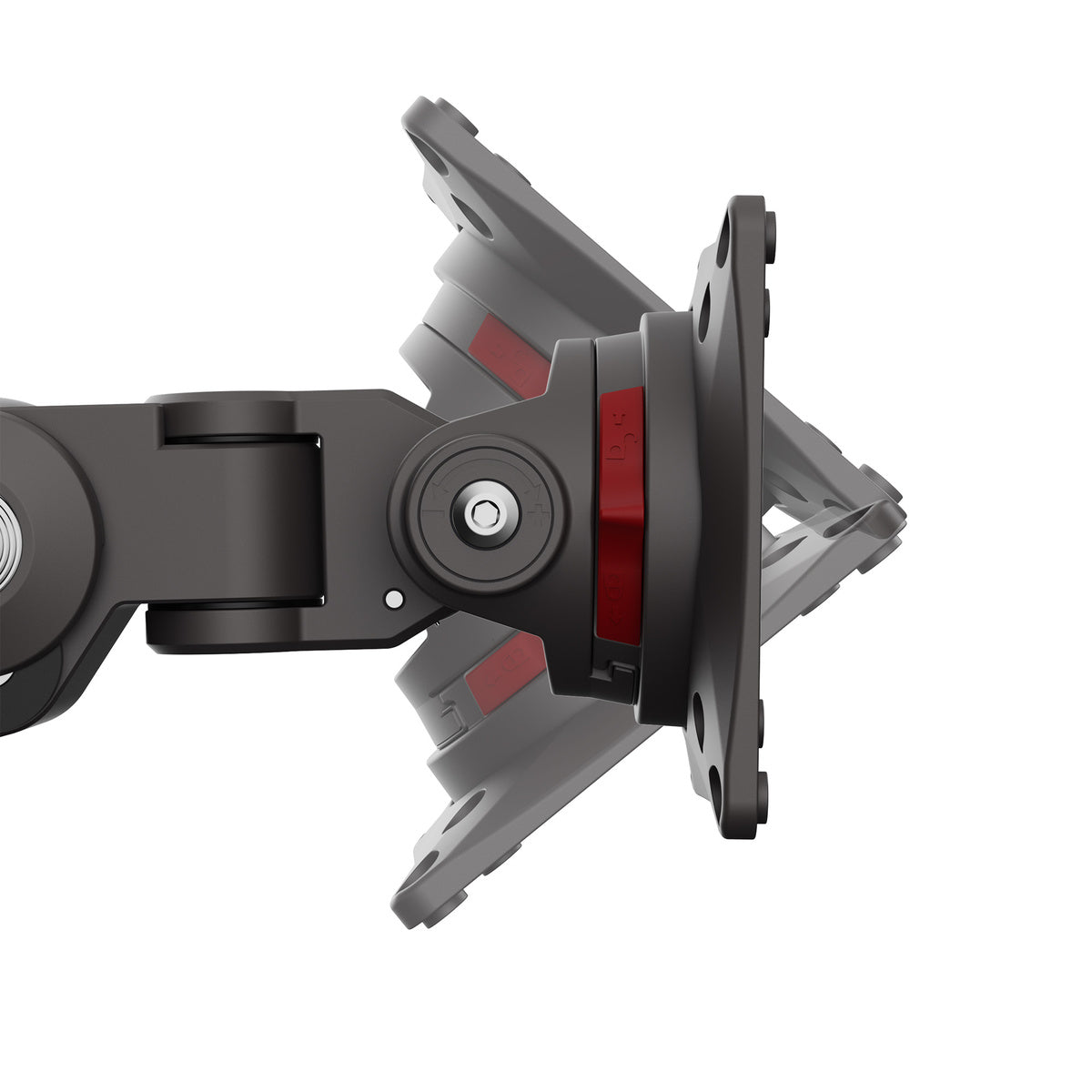 Close-up of a mechanical arm with red accents on a white background