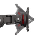 Close-up of a mechanical arm with red accents on a white background