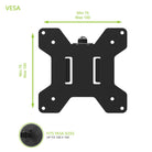 Black VESA monitor mount with dimensions on a white background
