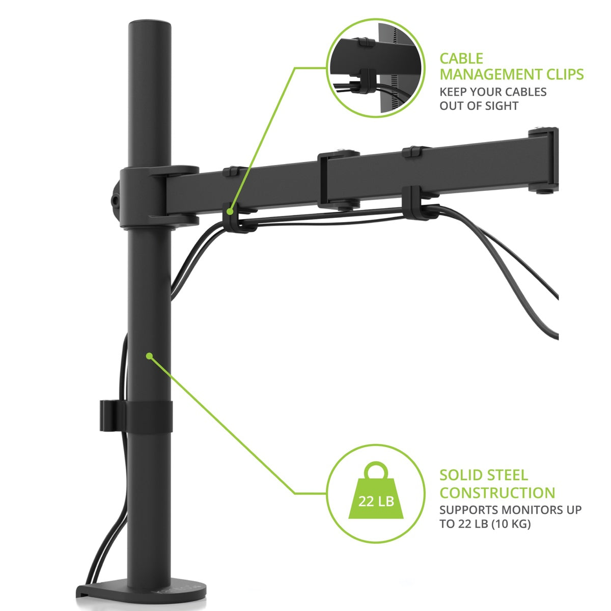 Black monitor stand with cable management clips and text highlighting features on a white background