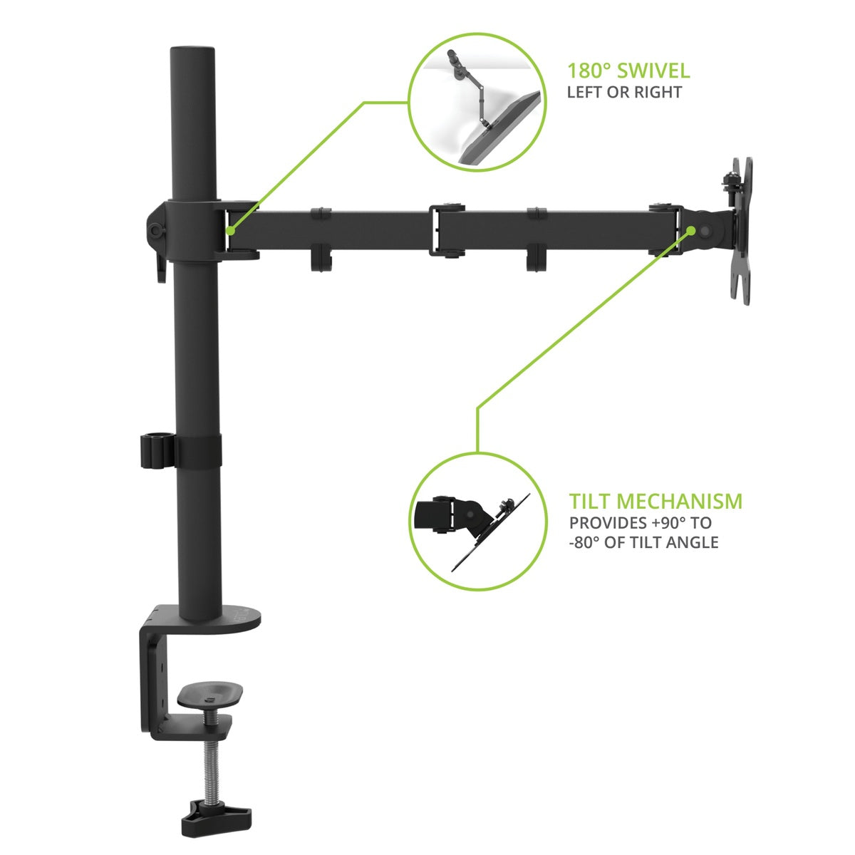 Black monitor stand with swivel and tilt mechanisms on a white background