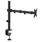 Black monitor stand with adjustable arm on a white background