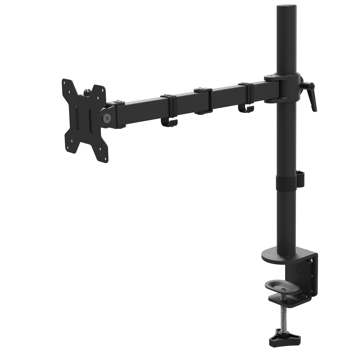 Black monitor stand with adjustable arm on a white background