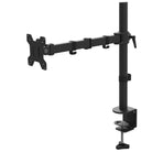 Black monitor stand with adjustable arm on a white background