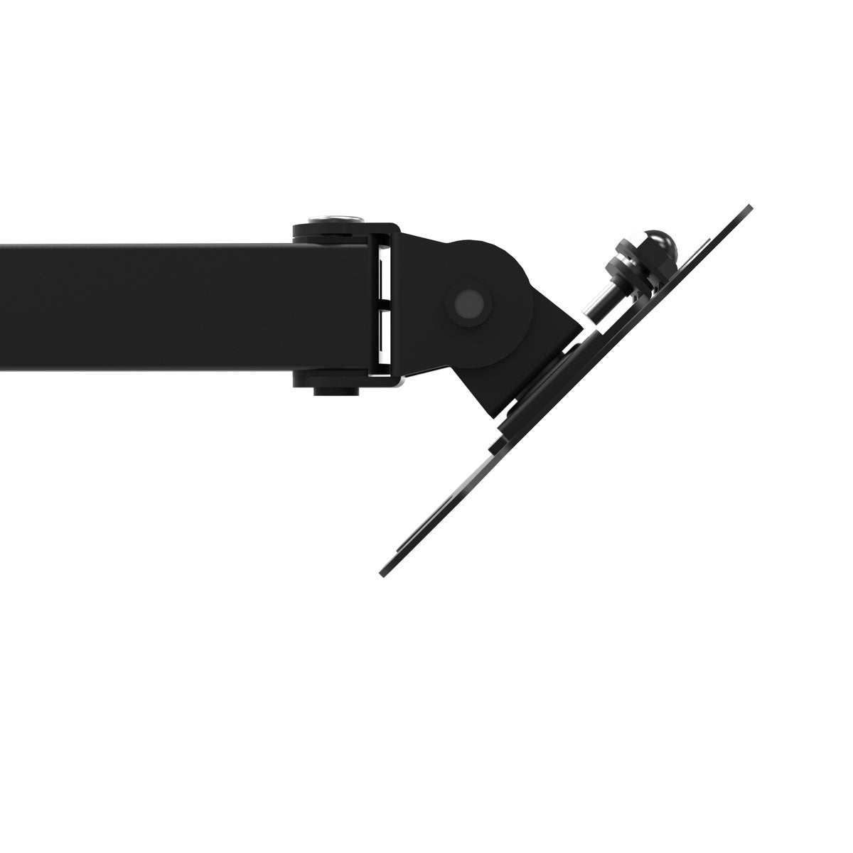 Black metal arm with a clamp on a white background