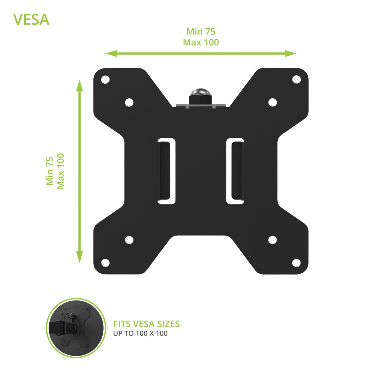 Black VESA monitor mount with dimensions on a white background