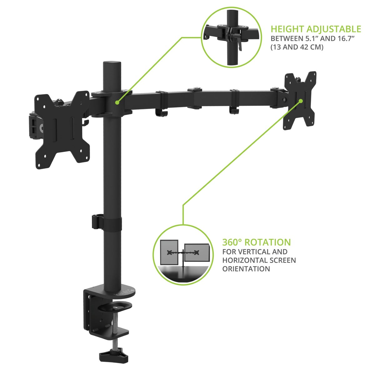 Black adjustable monitor stand with height and rotation features on a white background
