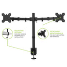 Black monitor stand with mounting options and detachable monitor plate on a white background