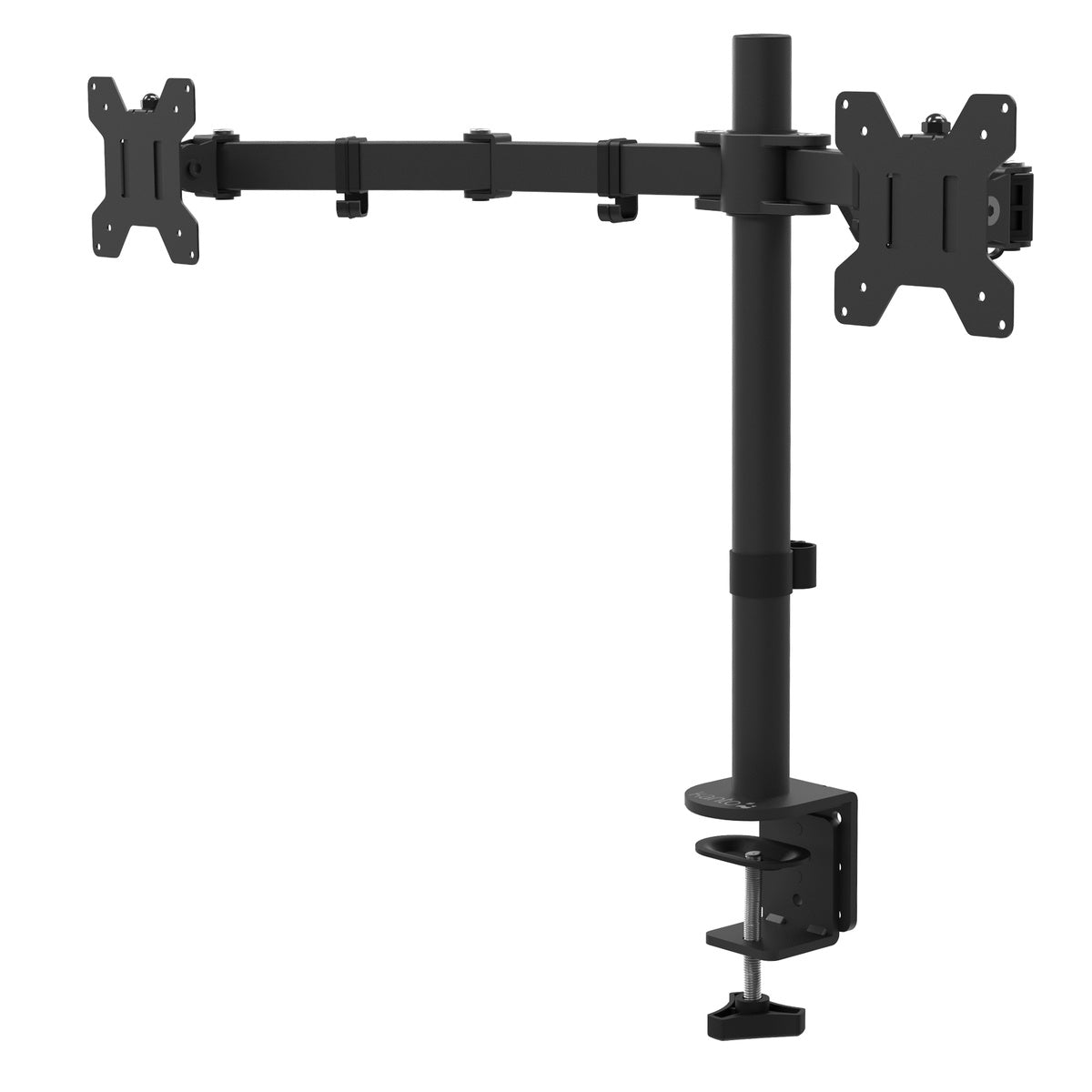 Black dual-monitor stand on a white background