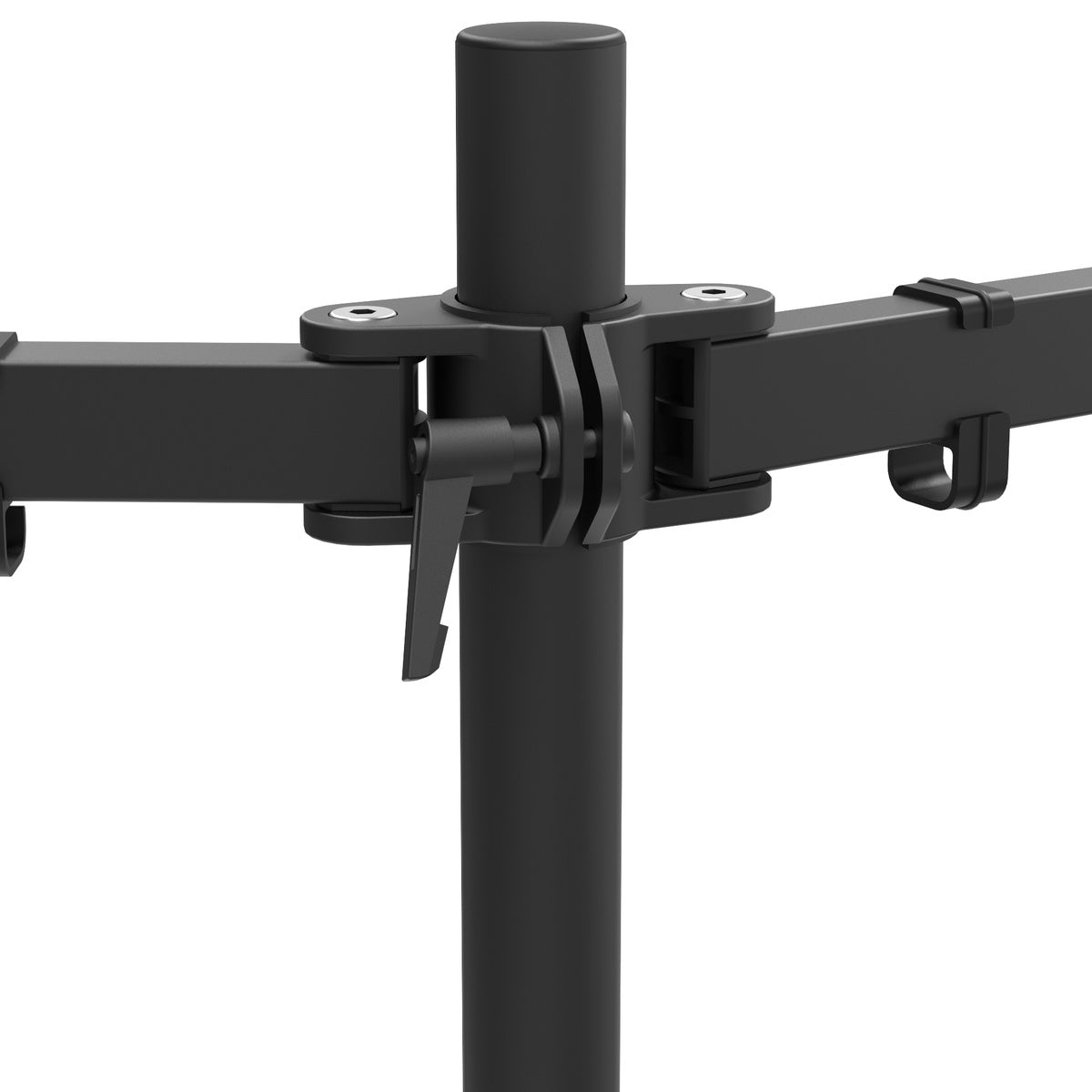 Black metal stand with adjustable arm on a white background