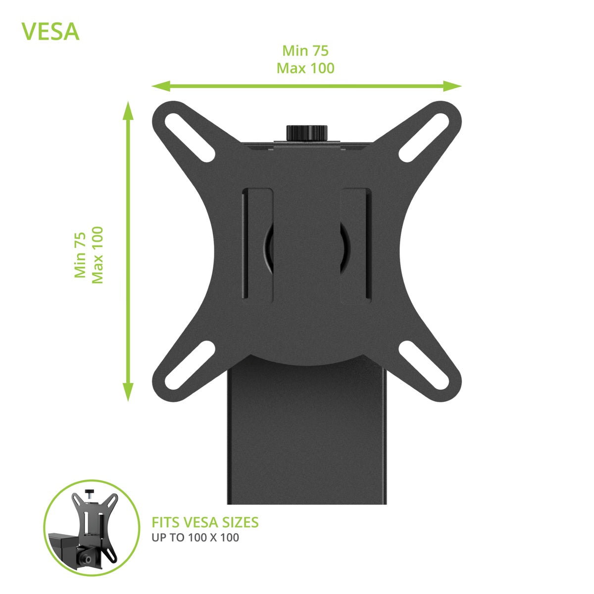 Black VESA mount with dimensions on a white background