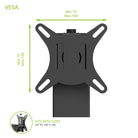 Black VESA mount with dimensions on a white background