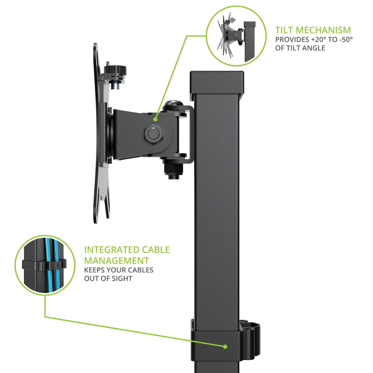 Black TV wall mount with tilt mechanism and cable management features on a white background