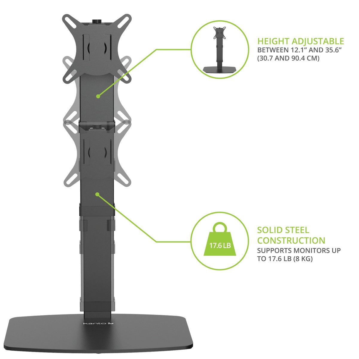 Monitor stand with adjustable height and solid steel construction features on a white background