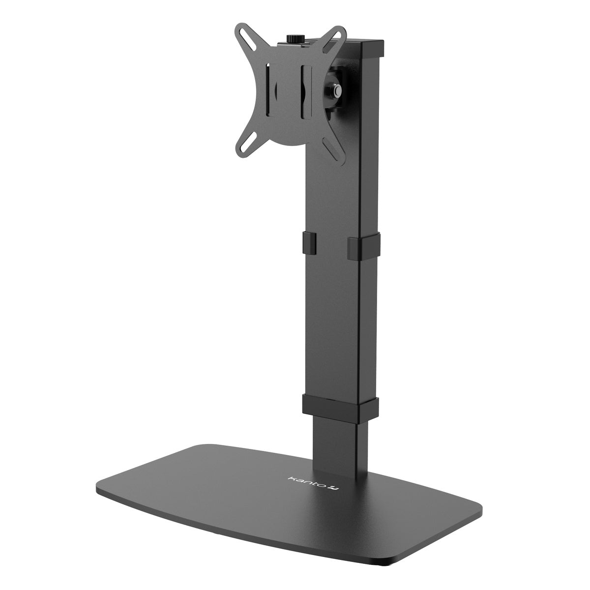 Black adjustable monitor stand on a white background