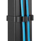 Black cable management system with blue cables on a white background