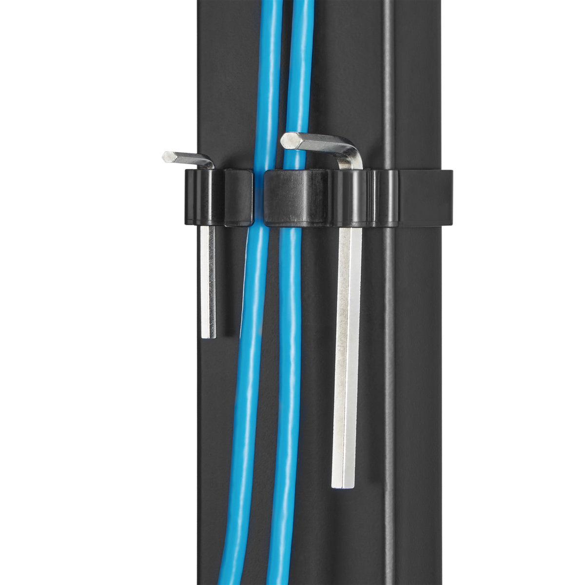 Black cable management system with blue and white cables on a white background