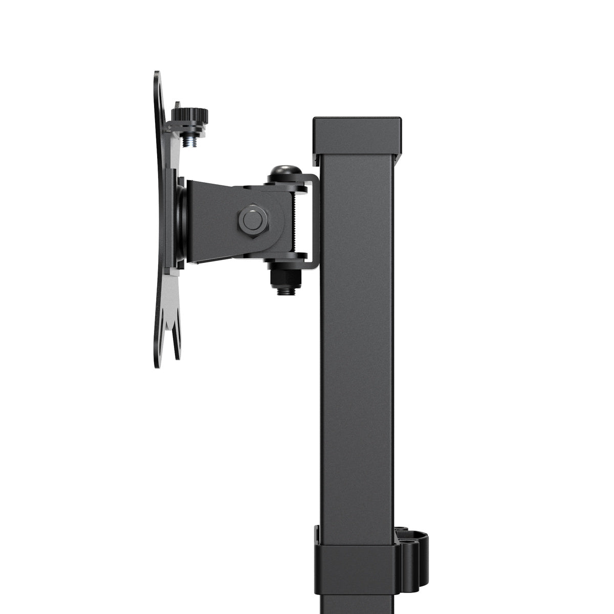 Black adjustable monitor stand on a white background
