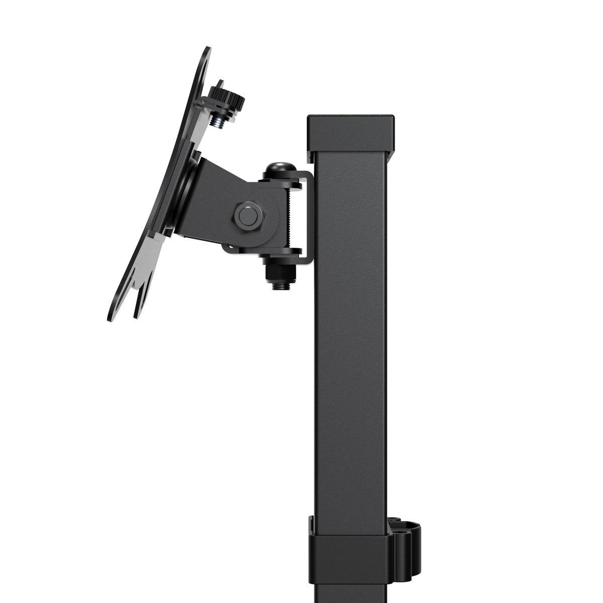 Black adjustable monitor stand on a white background