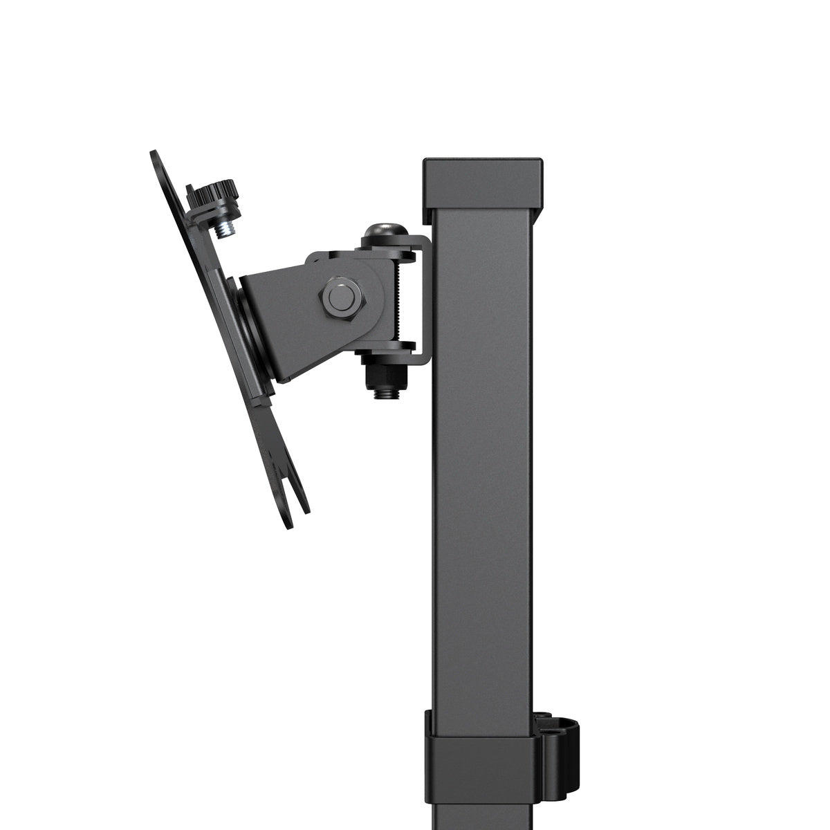 Black adjustable stand with mounting bracket on a white background