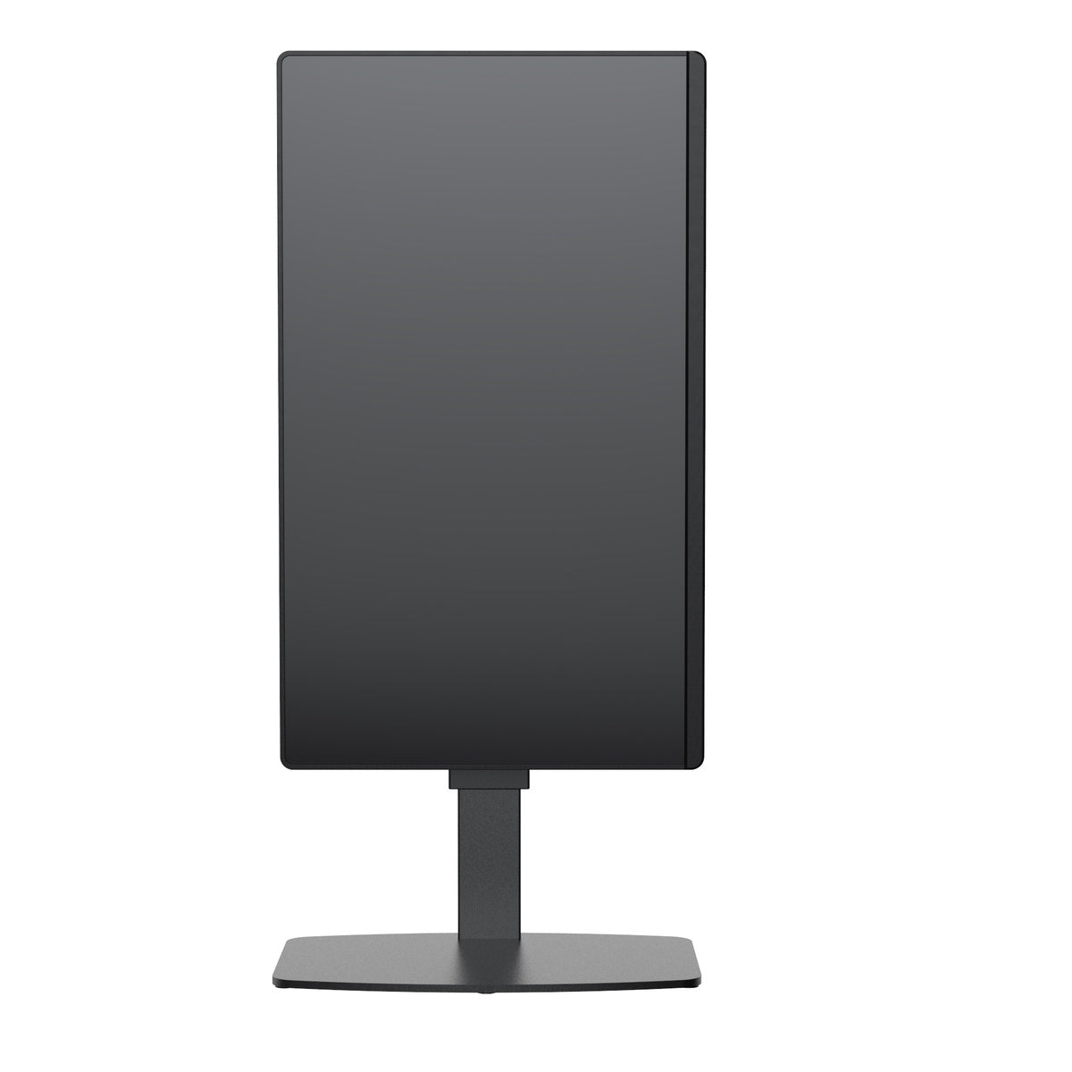Black rectangular display screen on a stand against a white background