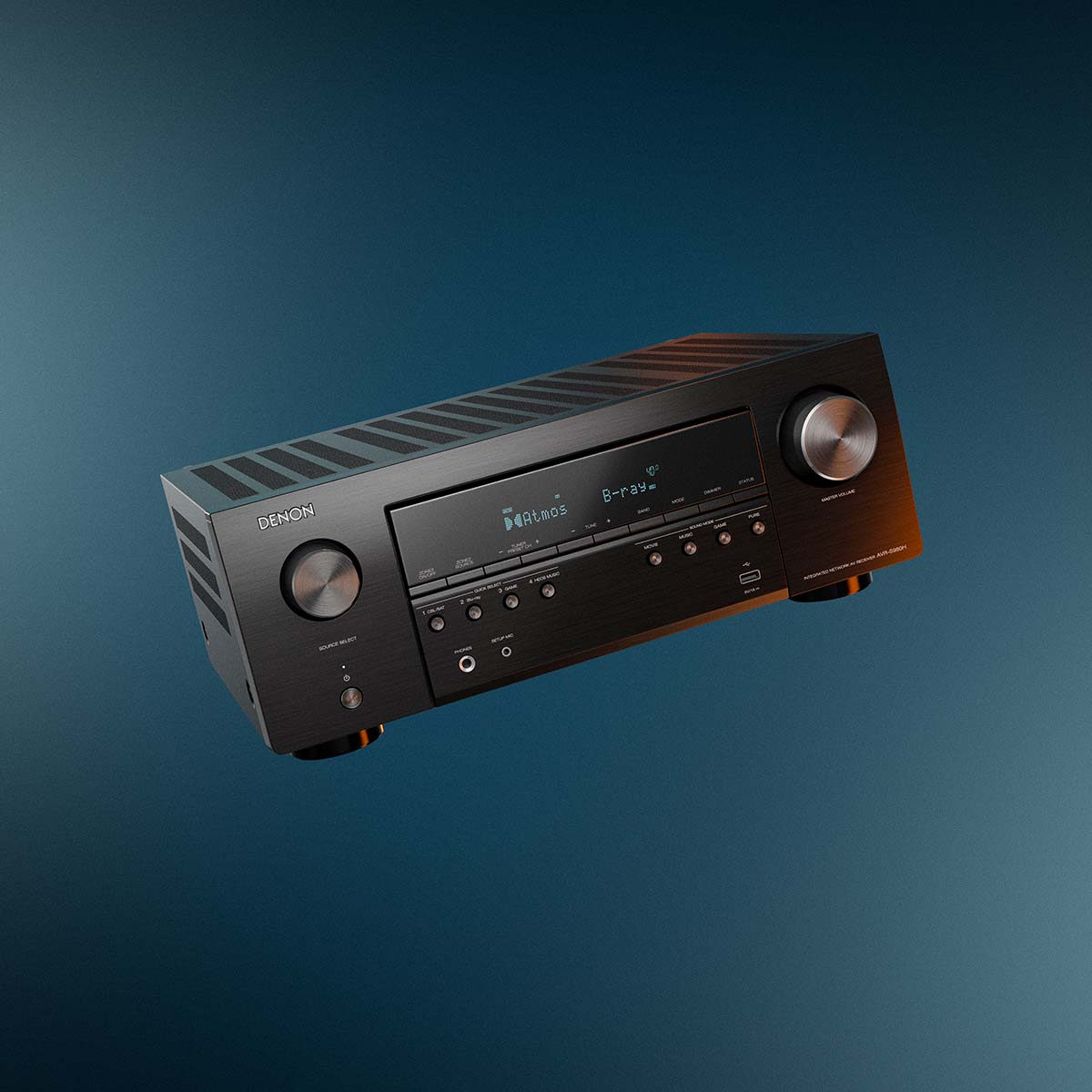 Denon AVR-S980H AV Receiver front view angled right and tilted left on dark background