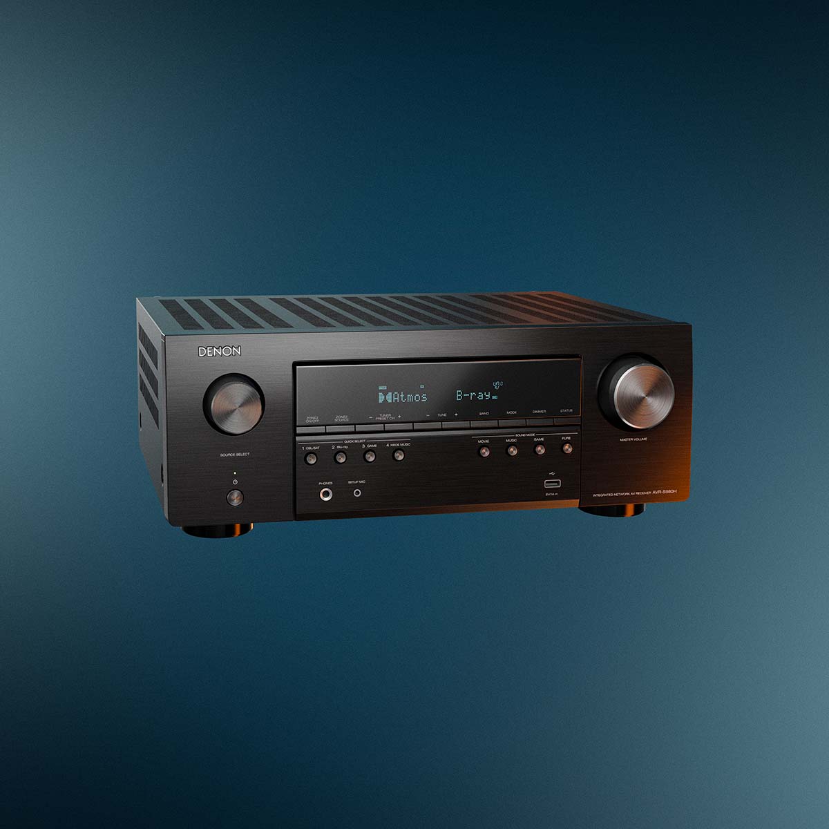 Denon AVR-S980H AV Receiver front view angled right on dark background