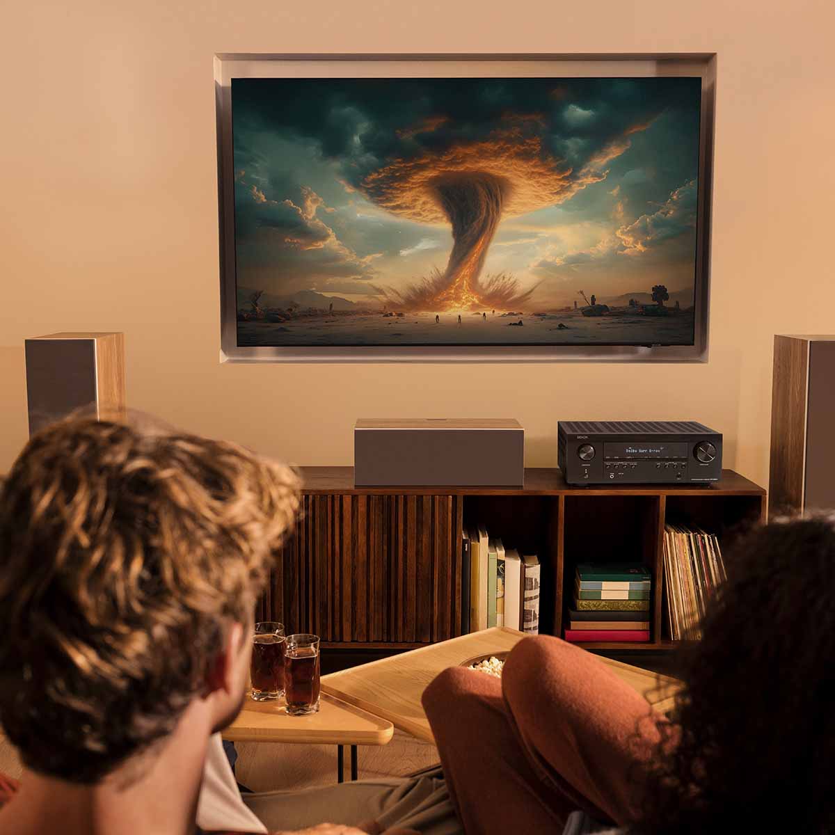 Denon AVR-S980H AV Receiver lifestyle photo of unit on cabinet with two people watching a movie