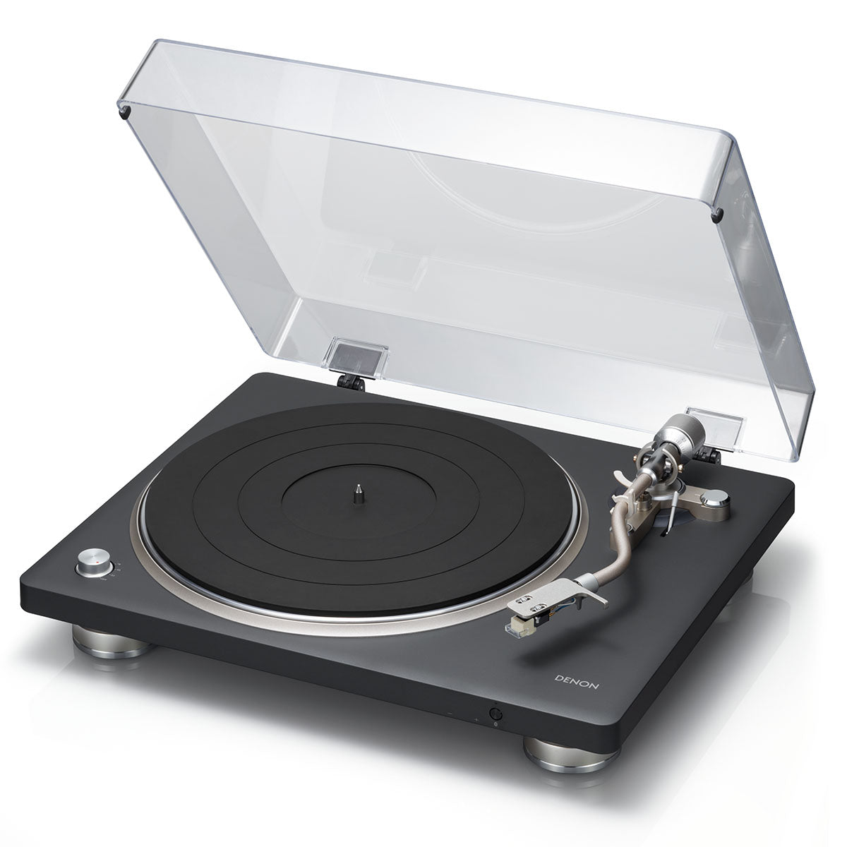 Denon DP-500BT Premium Belt-Drive Hi-Fi Turntable with Bluetooth - front and top view angled left with dust cover open