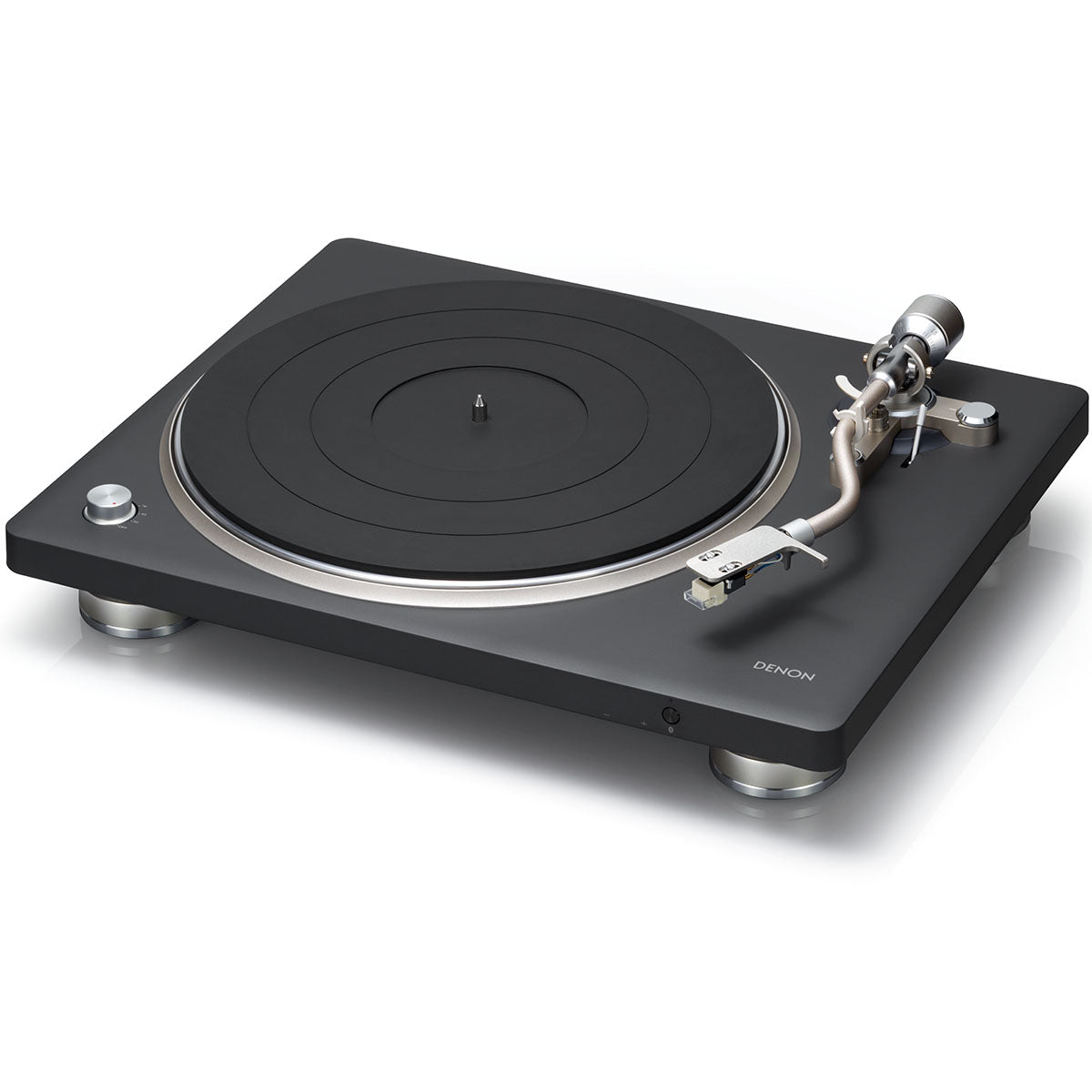 Denon DP-500BT Premium Belt-Drive Hi-Fi Turntable with Bluetooth - front and top view angled left without dust cover